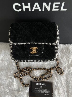 Chanel Mini Square7” Shearling Tweed Black Limited GHW Holo30