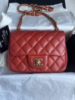 Very Good Condition Chanel Mini 7 Sq Caviar Pearly Red GHW Holo20