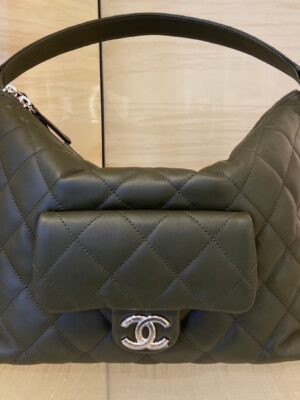 New Chanel Small Hobo Bag Calfskin & Silver Metal Black 23B