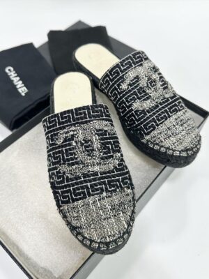 Used like new Chanel Tweed Mule Slide Sandals with CC logo sz.35 (พื้นยาว 22 cm.)