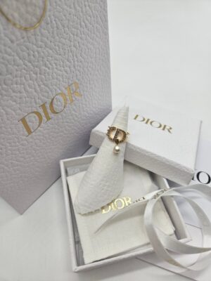 Dior Petit CD Ring In Gold-Finish Metal And White Crystals With A White Resin Pearl size S