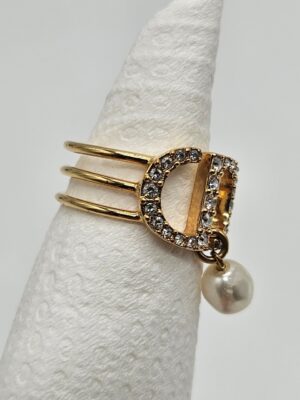 Dior Petit CD Ring In Gold-Finish Metal And White Crystals With A White Resin Pearl size S